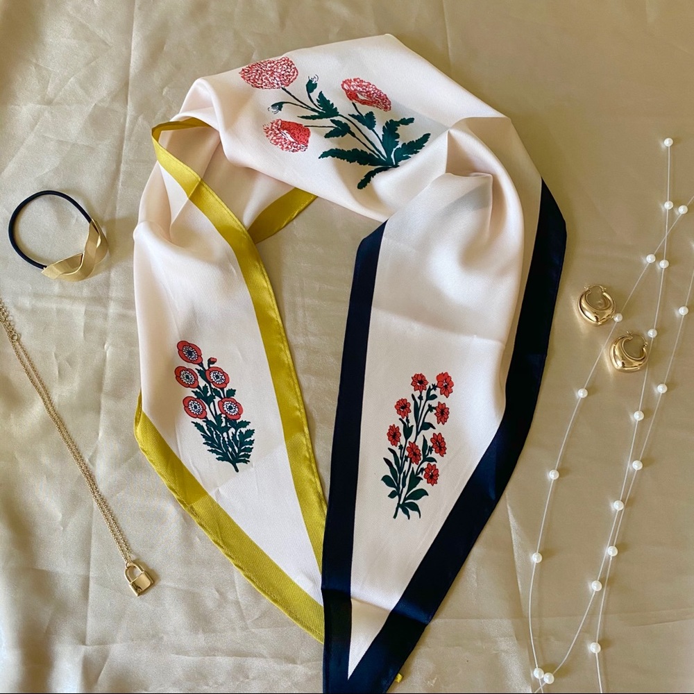 Spring Yellow Blue Floral Silky Scarf - Picture 6 of 8